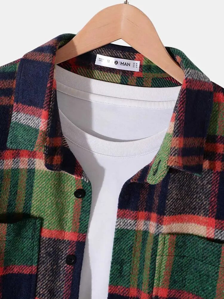 maoxiangshop Long Sleeve Shirt for Men Plaid Fuzzy Button Shacket Blouses Unisex Streetwear Overshirt Fall Winter Warm Shirt Tops