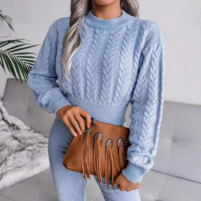 maoxiangshop Crop Cable Knit White Sweater Long Sleeve Crew Neck Pullover Women Jumper Soft Girls Autumn Winter Thick & Warm Knitwear