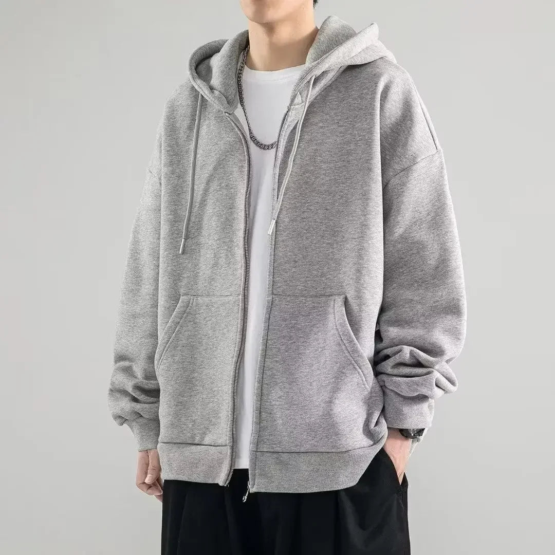 maoxiangshop American Heavyweight Basic Solid Color Cardigan Sweatshirt Men's Tide Loose Large Size Men's Hooded Sweatshirt Jacket 5xl