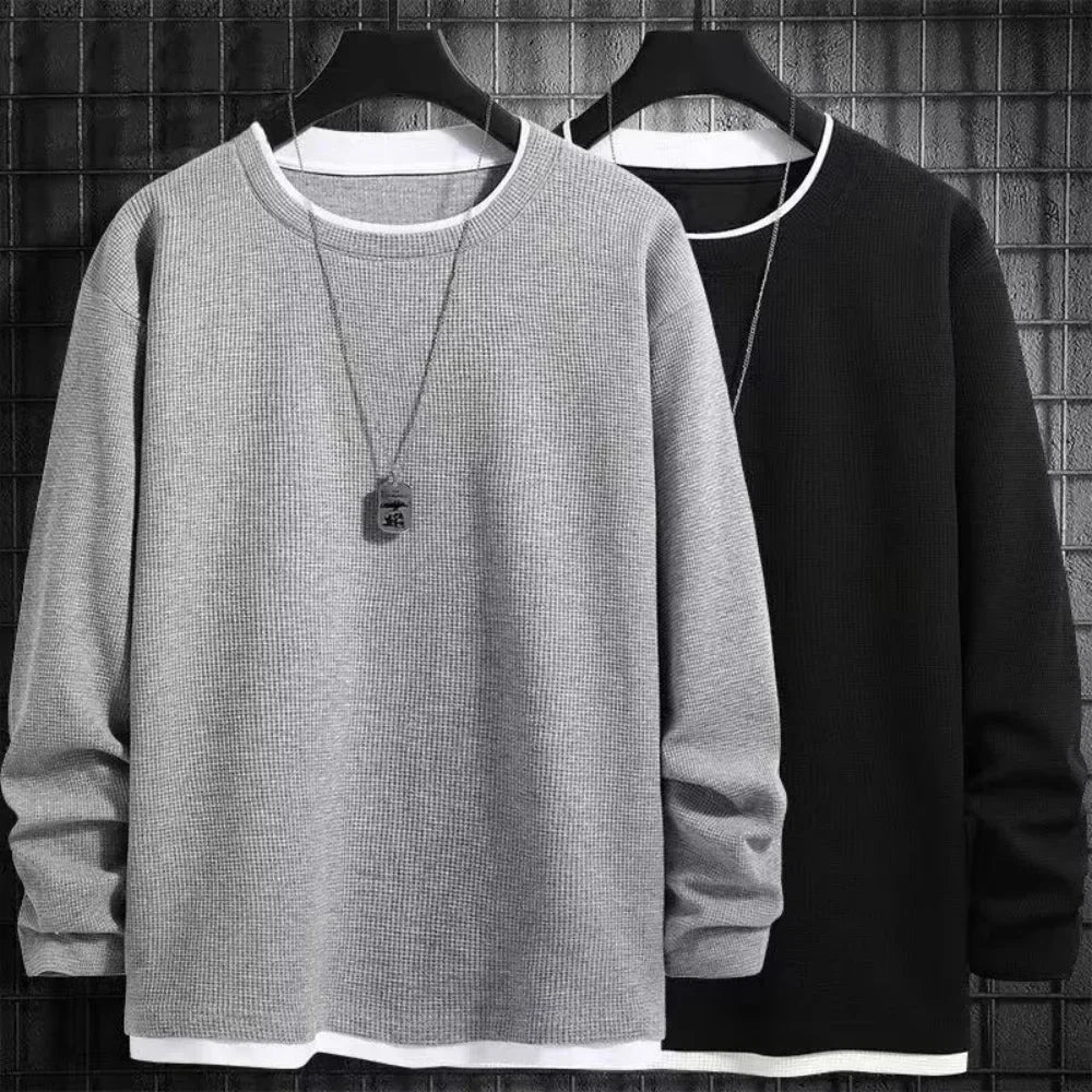maoxiangshop Fake two long sleeve hoodie men spring and autumn loose jacket to wear simple solid color large size casual T-shirt