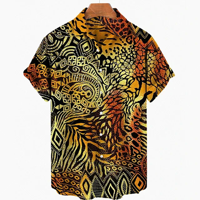 maoxiangshop Short Sleeve Leopard Men's Shirts For Man Clothing Hawaiian Fashion 3D Print Thin Lapel Floral Casual Oversized Imported Camisa