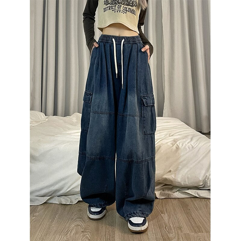 maoxiangshopHarajuku Vintage Blue Cargo Jeans Women Oversized Y2K Grunge Black Baggy Denim Pants Hip Hop Streetwear Wide Leg Trousers