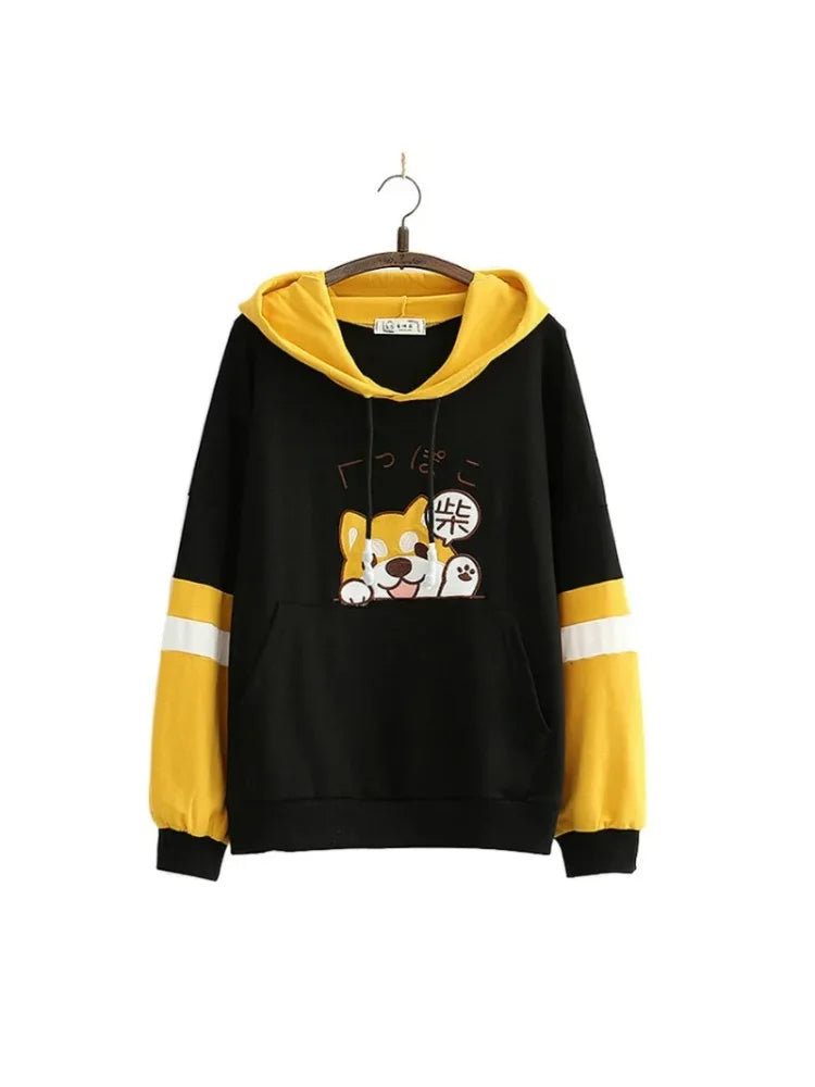 maoxiangshop Women Cotton Hoodies And Sweatshirt Cartoon Dog Embroidery Patchwork Hooded Pullover For Sweet Style Girl Drawstring Tracksuits