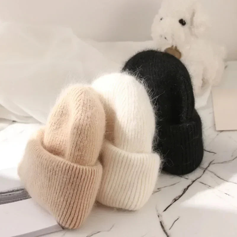 maoxiangshop 21colors Autumn Angola Rabbit Fur Knitted Beanies Winter Skullies Women's Hat Fashion Solid Warm Cashmere Wool Three Fold Thick