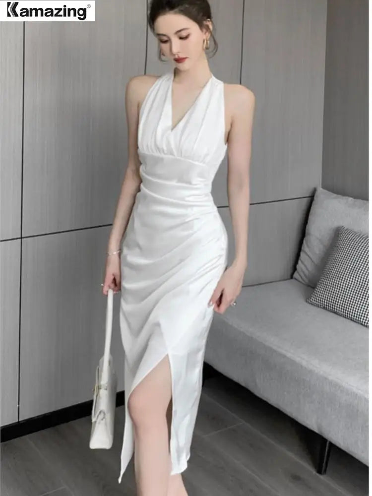 Summer Elegant Sexy V-Neck Split Bodycon Sheath Pencil Dress Women Pleated White Party Dresses Female Work Clothes