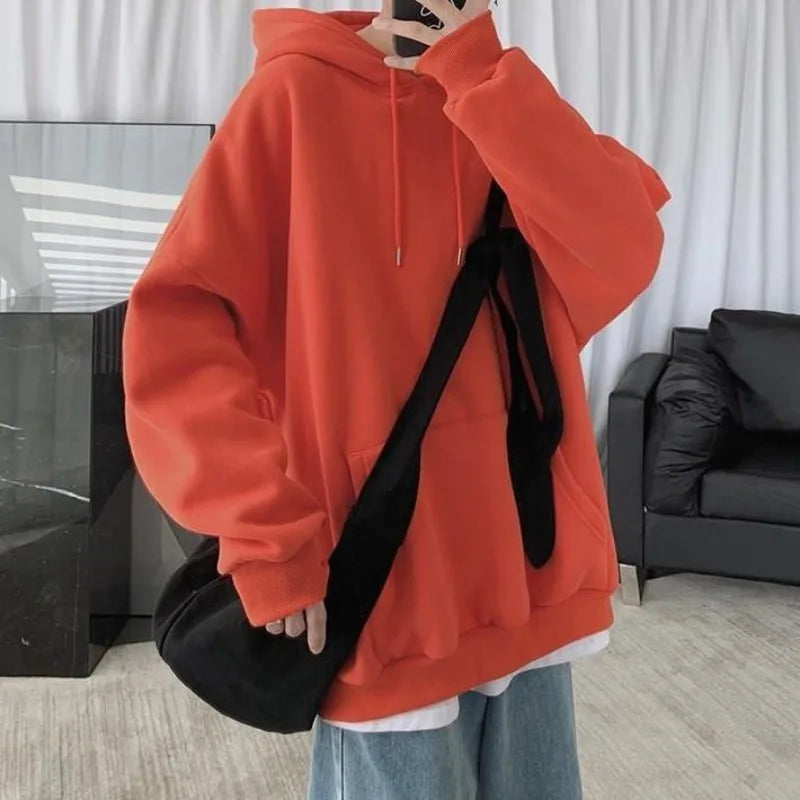 maoxiangshop Fleece Hoodie Men Casual Pocket Long Sleeve Oversized Pullover Tops Harajuku Street Thicken Solid Sweatshirt Sports Pullover 5xl