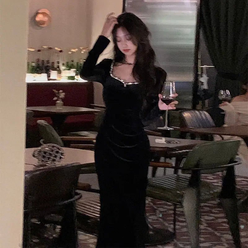 maoxiangshop - Spring Korea Fashion Evening Party Dress Woman Casual Black Velvet Midi Dress Slim Long Sleeve Vintage Dress Elegant Female