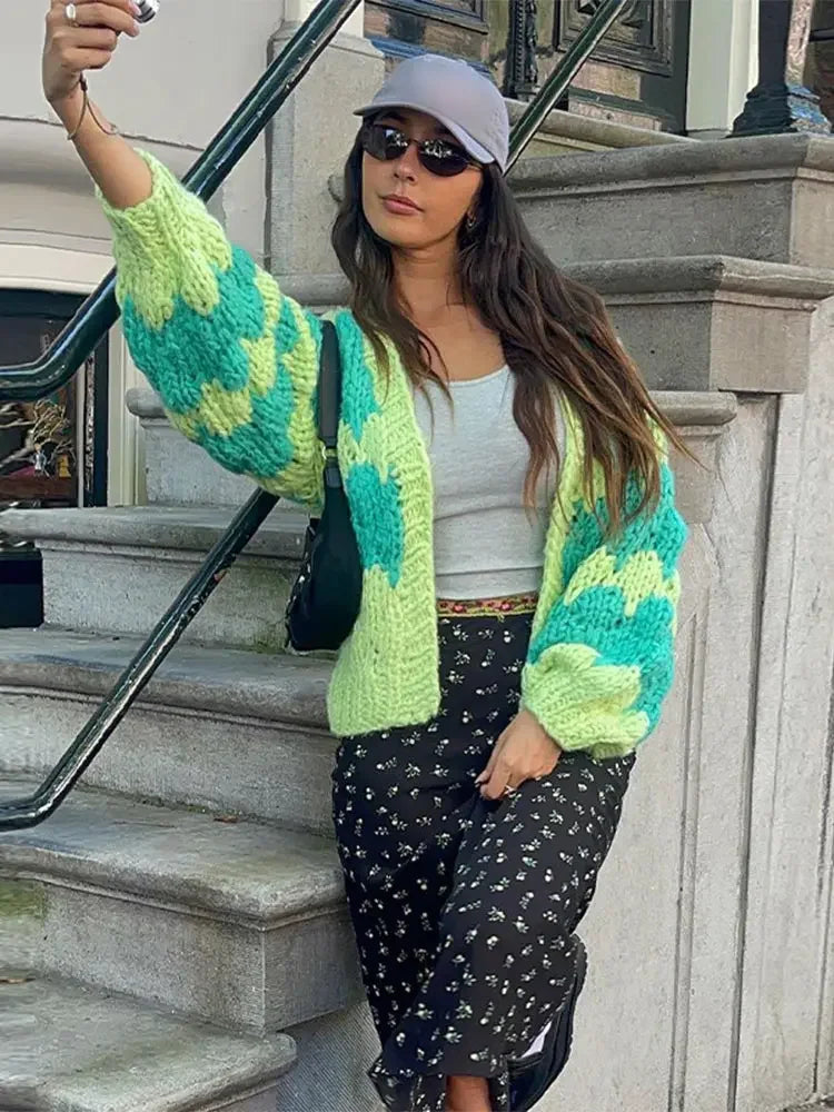 maoxiangshop - Color Blocking Knitted Cardigan For Women Casual Loose Long Sleeve Crop Sweater Female Streetwear Fashion Autumn Winter