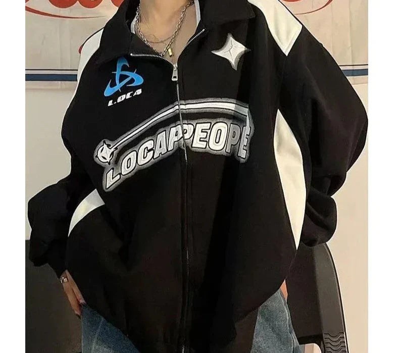 maoxiangshopY2K Women Oversized Sweatshirts Vintage Autumn Letter Print Zipper Jacket Caots Korean Streetwear Trend Female Hoodies Tops