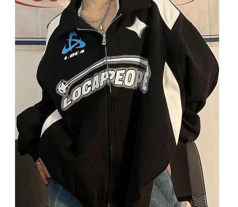 maoxiangshopY2K Women Oversized Sweatshirts Vintage Autumn Letter Print Zipper Jacket Caots Korean Streetwear Trend Female Hoodies Tops