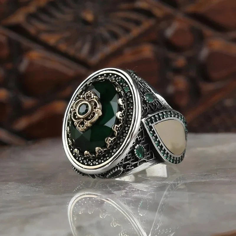 maoxiangshop Retro Handmade Turkish Signet Rings for Men Ancient Silver Color Carved Ring Mystic Zircon Inlay New Punk Motor Biker Ring