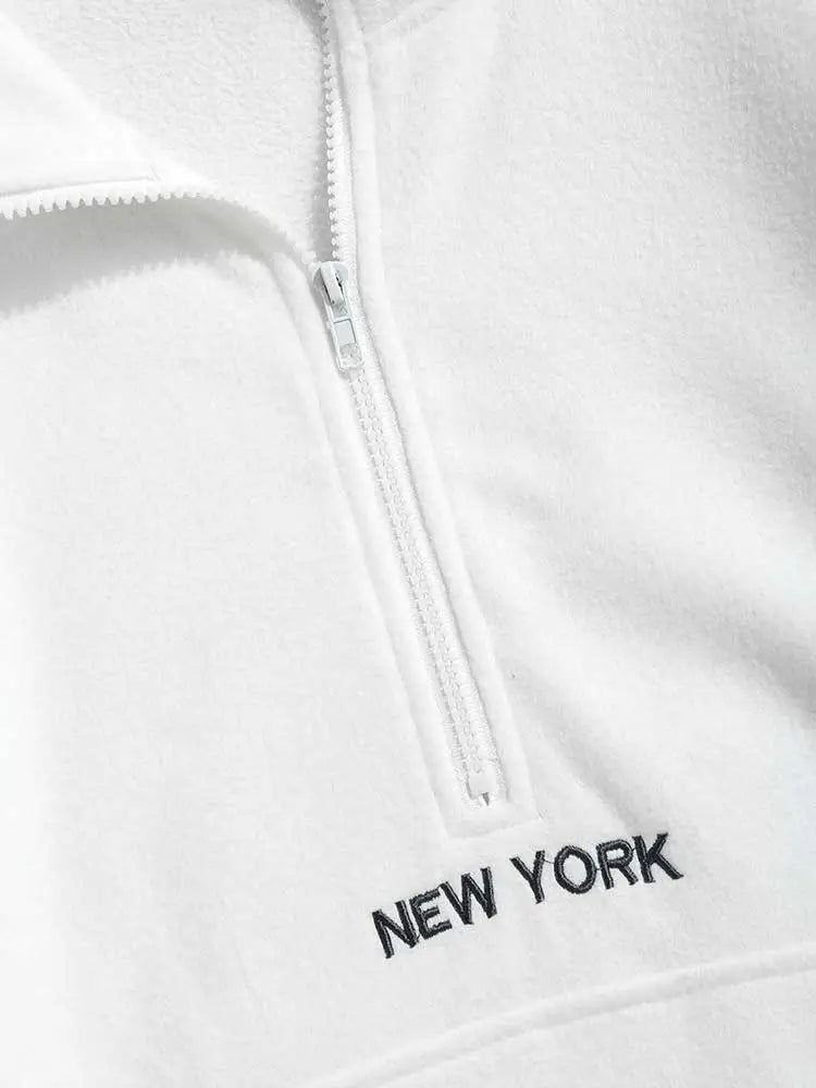 maoxiangshop Hoodie for Men Fluffy Polar Fleece Sweatshirts New York Embroidery Turtleneck Hoodies Pullover Color Block Zipper Sweats