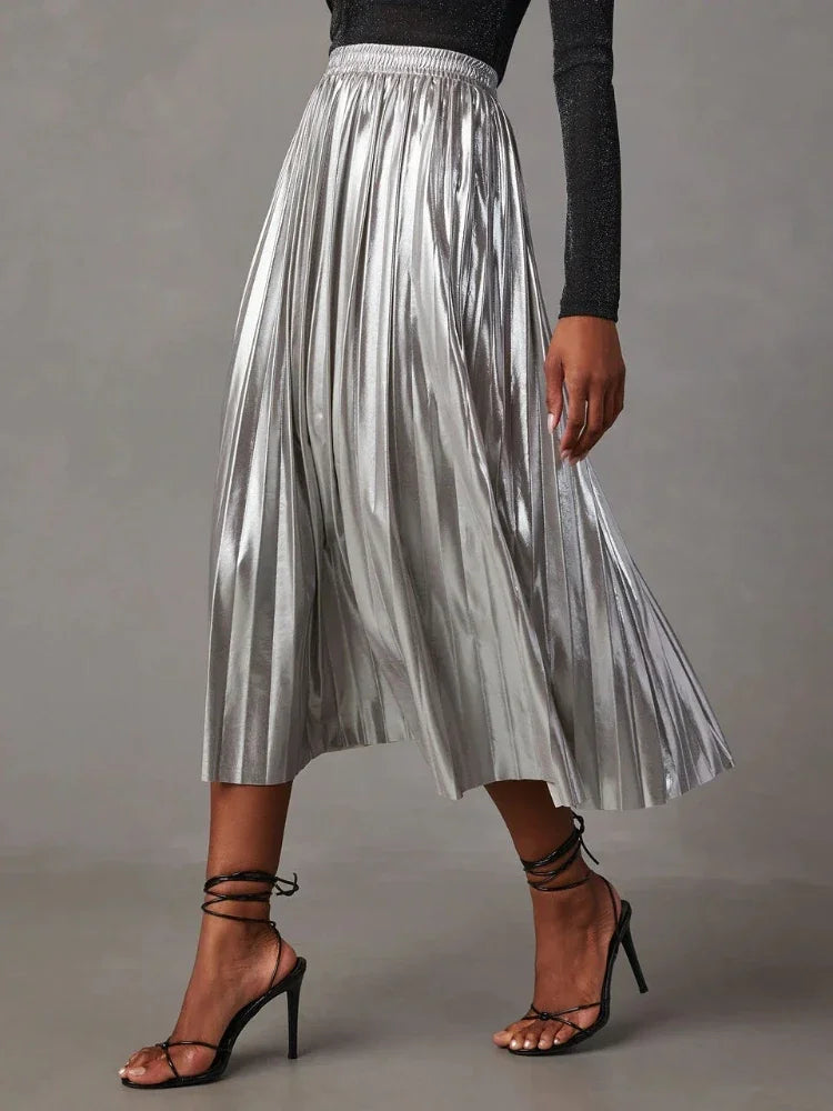 maoxiangshop - New Fashion Giny Pleated Long Skirts Autumn Winter High Waist A- Shaped Midi Long Metallic Pleated Skirt for Women Skirts