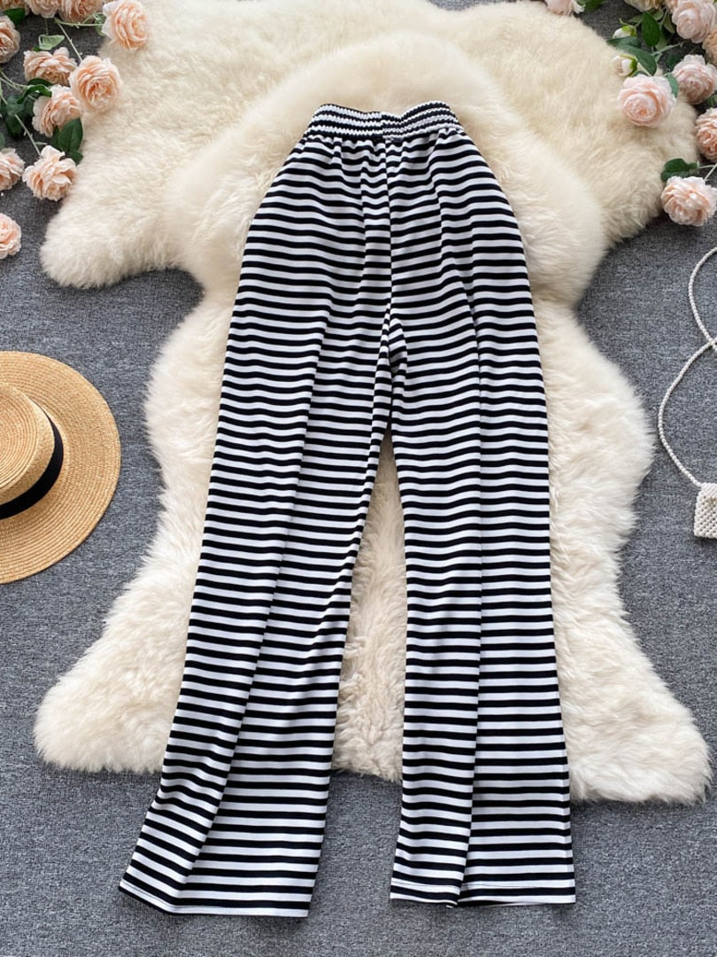 maoxiangshop White and Black Striped Long Pants Women New Retro Style Lace-up Elastic Waist Hole Wide Leg Casual Full Length Trousers