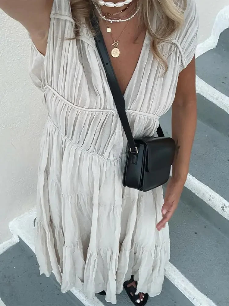 Summer Lady Elegant Pleated Hem Solid Maxi Dress Fashion Short Sleeve Round Neck Robe Casual Women Commuting Office Dresses