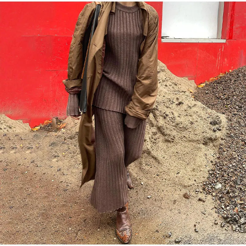 maoxiangshop - Casual Solid Knitted Skirt Suits Women Chic Round Neck Long Sleeves High Waist Pullover Tops 2024 Autumn Lady Office Outfit
