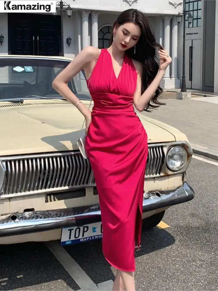 Summer Elegant Sexy V-Neck Split Bodycon Sheath Pencil Dress Women Pleated White Party Dresses Female Work Clothes