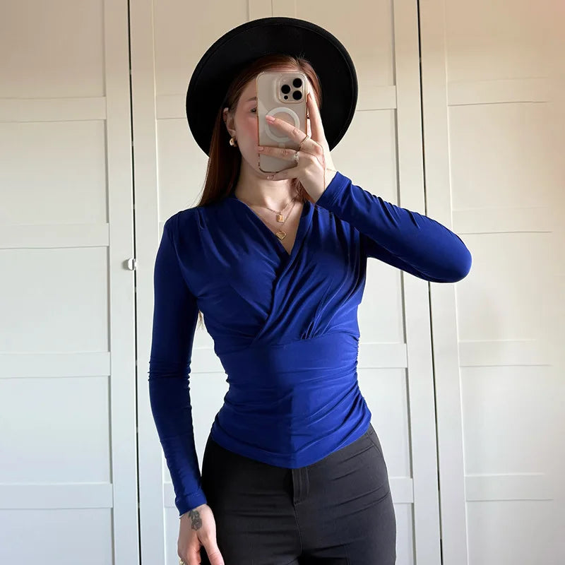 maoxiangshop - Cross-Neck Slim Long Sleeve Crop Top For Women Elegant Ruched Solid T shirt Autumn Fashion Versatile Female Pullovers