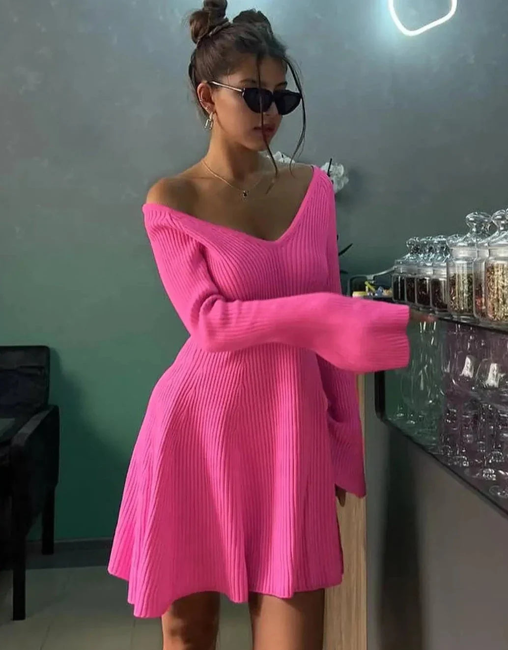 maoxiangshop - V-neck Long Sleeved Sexy Short Dress Knitted Autumn Winter Solid Color A-line Backless Pleated Women Dresses Fall Fashion