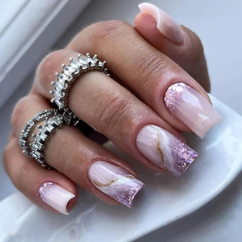 maoxiangshop 24Pcs Purple False Nails Glitter Coffin with French Design Wearable Fake Nails Leaves Simple Full Cover Press on Nails Tips Art