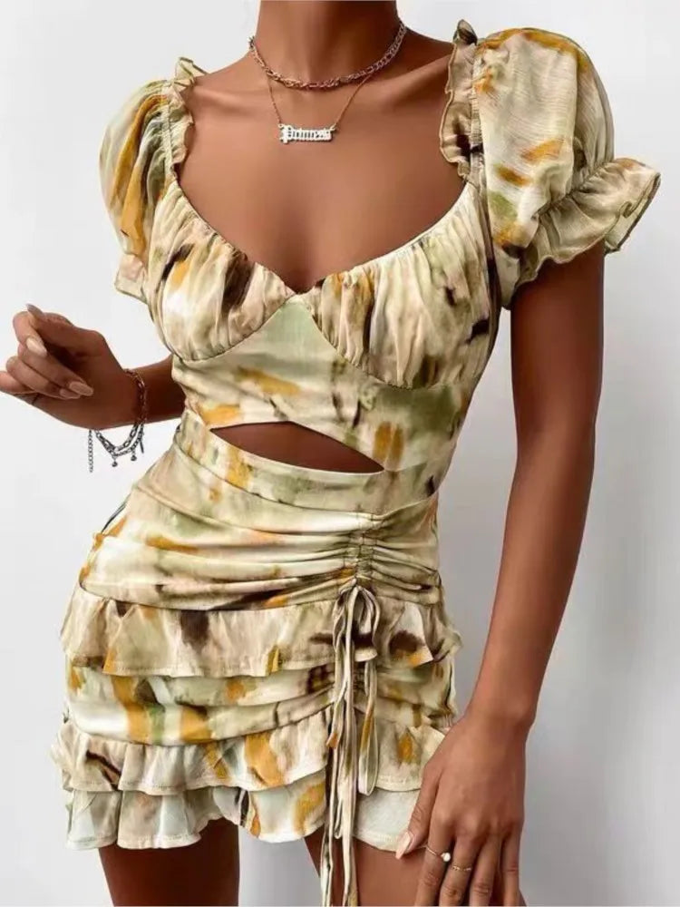 maoxiangshop Women's Spring Summer New Fashion Print Drawstring Ruffle Edge Sexy Off Waist Short Sleeve Casual Office Dress