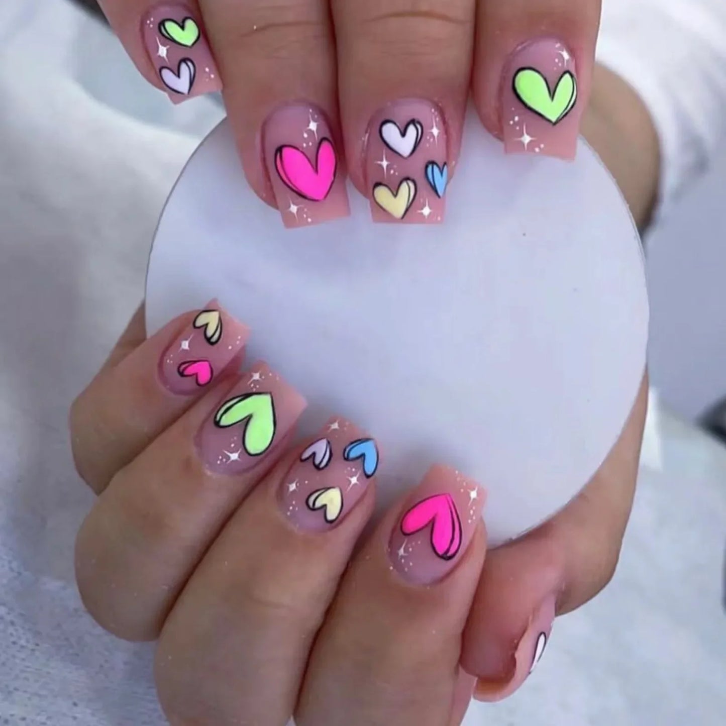 maoxiangshop 24pcs/set ballet short fake nails for Valentine's Day cute heart with glitters french white square tips press on false nail art