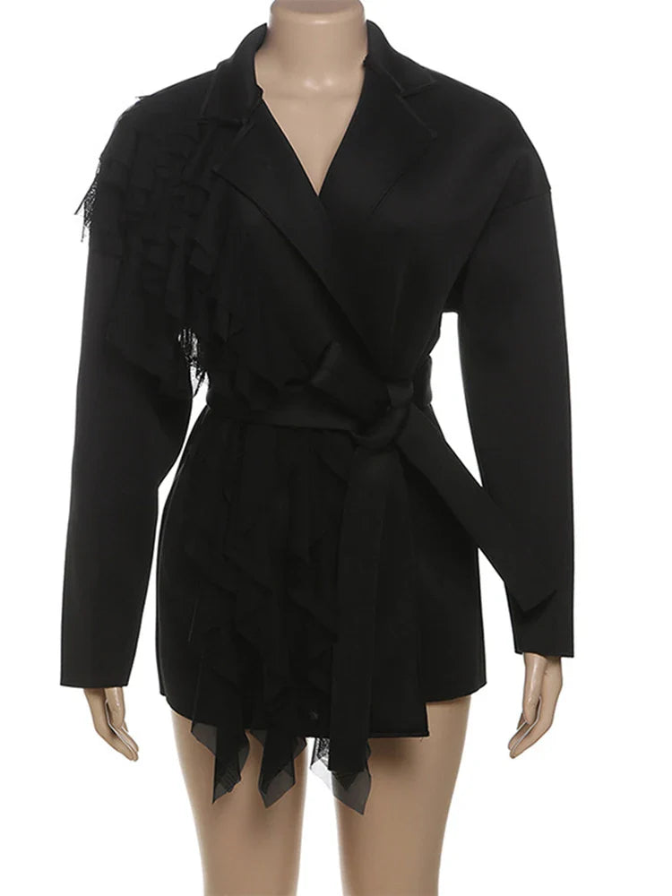 maoxiangshop - Splice Mesh Belted Long Sleeve Jacket For Women High Street Loose Irregular Black Outwear Lapel Autumn Winter 2024 New