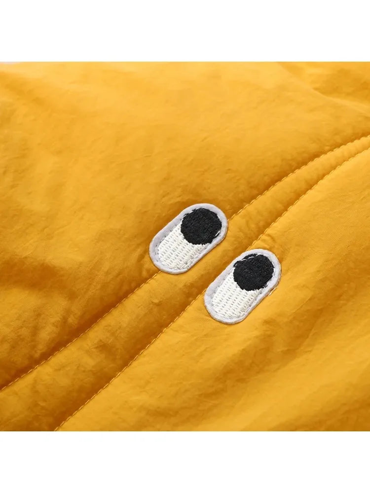 Long Parkas Jacket For Women Yellow Solid Cartoon Embridery Pocket Coat Winter Sleeve Single-breasted Warm Outwear