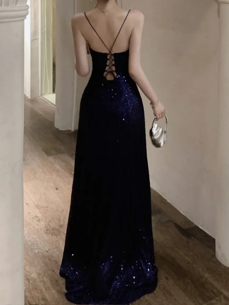 maoxiangshop DRESS TO IMPRESS Sexy Backless Evening Party Long Dresses for Women V-Neck Split Slim Spring Summer Luxury Sequins Prom Robe Birthday Vestido New