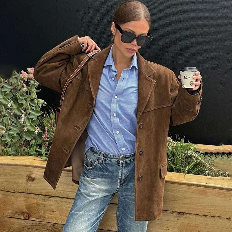 maoxiangshop - High Street Suede Jacket Cardigan Women's Long Sleeve Loose Lapel Solid Color Fashion Retro For Women Jacket Autumn and Winter