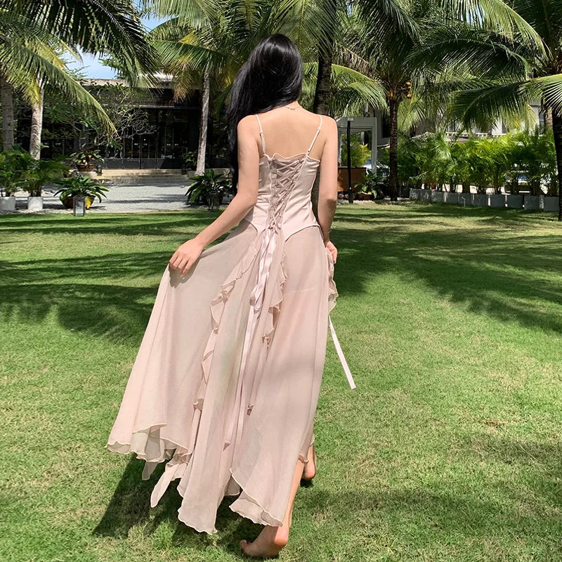 maoxiangshop Maxi Long Dresses for Women New Summer Elegant Spaghetti Strap Slim Split Ruffle Female Clothes Beach Holiday Bandage Dress