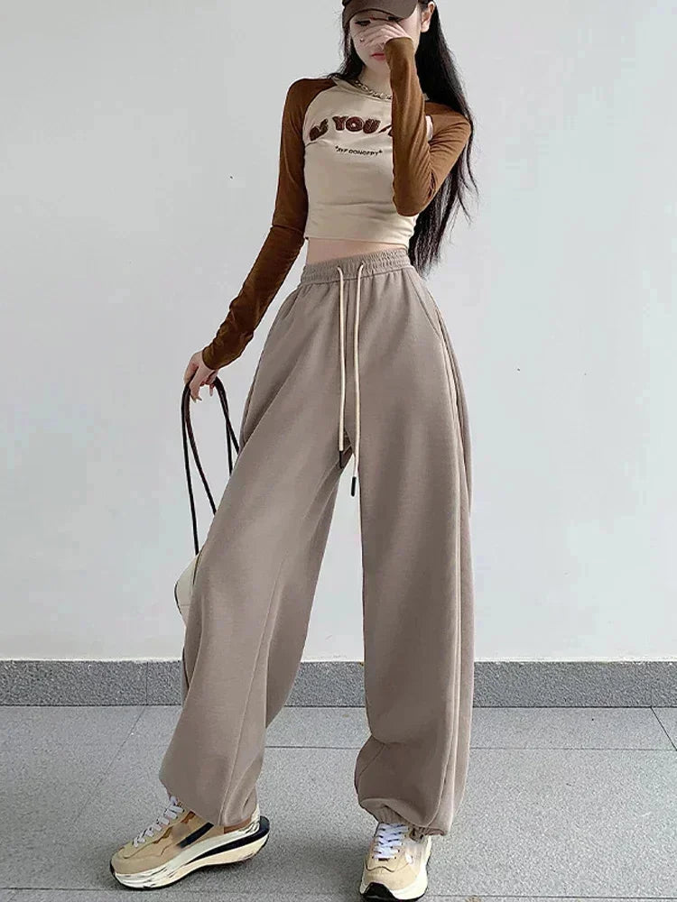 maoxiangshop - 2024 Autumn New Wide Leg Pants Women Baggy Sweatpants Loose High Waisted Bound Feet Pants Lady Lace Up Casual Straight Trousers
