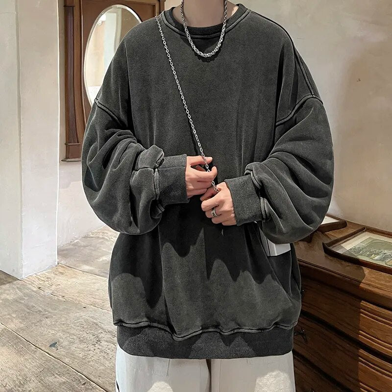 maoxiangshop American Washed Old Pullovers Sweatshirts Men Loose Solid Color Autumn Large Size Warm O Neck Tops Hip Hop Y2k Sweatshirt