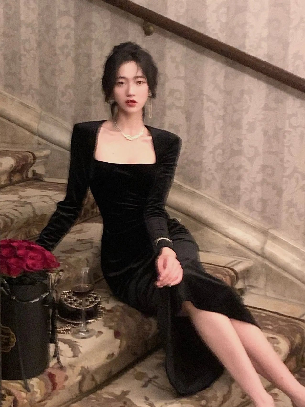 Spring New Women Elegant Long Black Velvet Dress Sexy Prom Evening Party Birthday Club Fashion One Piece Clothing