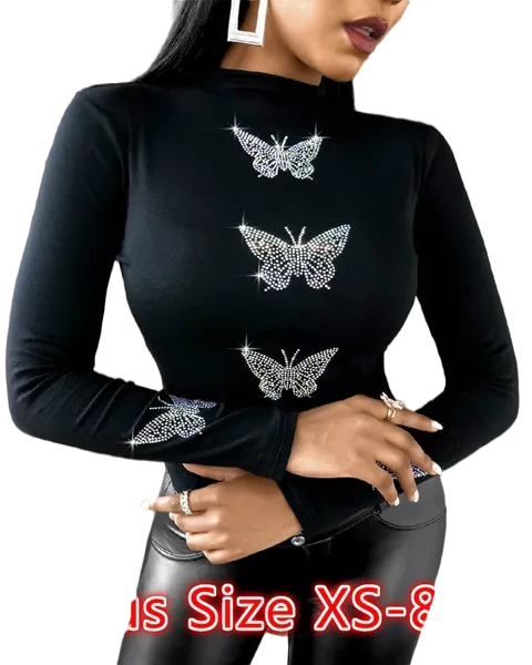 maoxiangshop New Womens Casual T-shirt Femme Fashion Butterfly Pattern Studded Long Sleeve Tops Shirt XS-5XL