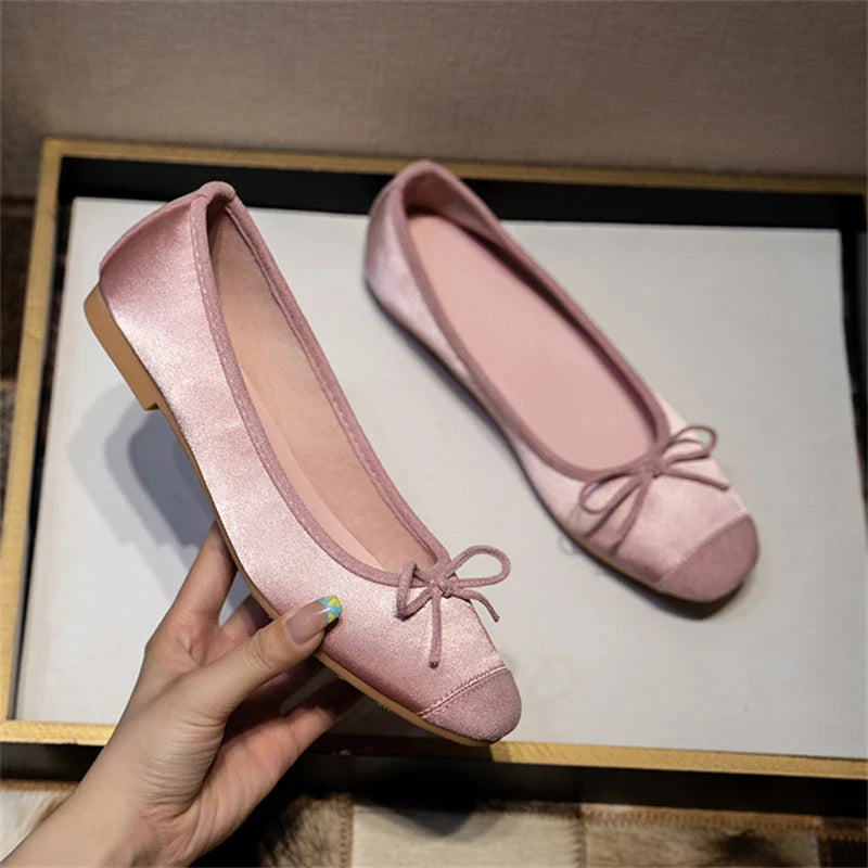 maoxiangshop - Breathable Silk Ballerinas Ballet Flats Women Summer Autumn Slip on Loafers Square Toe Bowknot Flat Casual Shoes