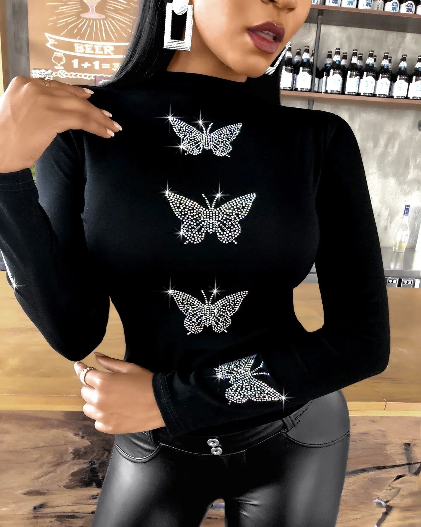 maoxiangshop New Womens Casual T-shirt Femme Fashion Butterfly Pattern Studded Long Sleeve Tops Shirt XS-5XL