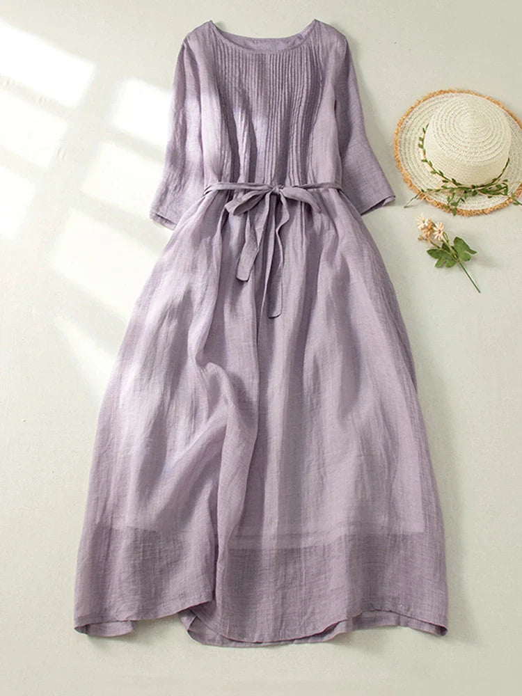 maoxiangshop Japan Style Double Layers Women Dresses Chic Organ Pleats Short Sleeve O-Neck Cotton Blended Office Lady Midi Dresses Robe Femme