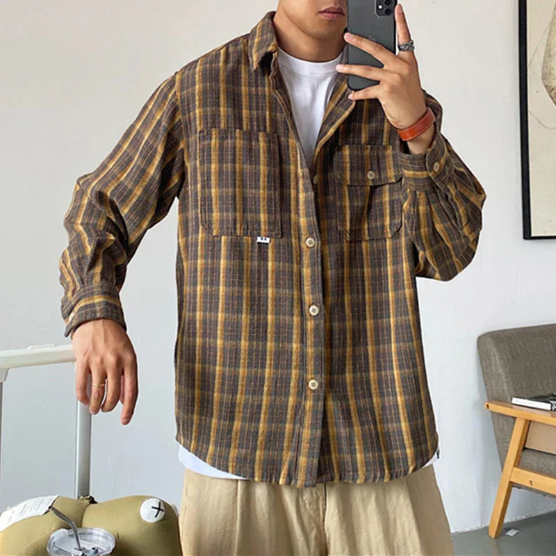 maoxiangshop Spring Autumn Korean Style Casual High Quality Khaki Plaid Shirt Men Clothing Harajuku Coats Japanese Streetwear Vintage Clothes