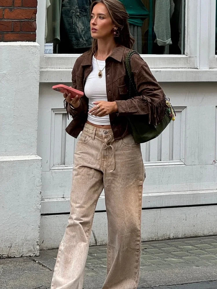 maoxiangshop - Fashion Brown Tassel Women's Jacket Casual Single Breasted Long Sleeved Flip Pockets Outerwear Chic Autumn High Street Coats