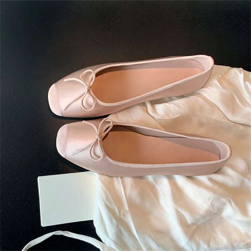 maoxiangshop - Breathable Silk Ballerinas Ballet Flats Women Summer Autumn Slip on Loafers Square Toe Bowknot Flat Casual Shoes