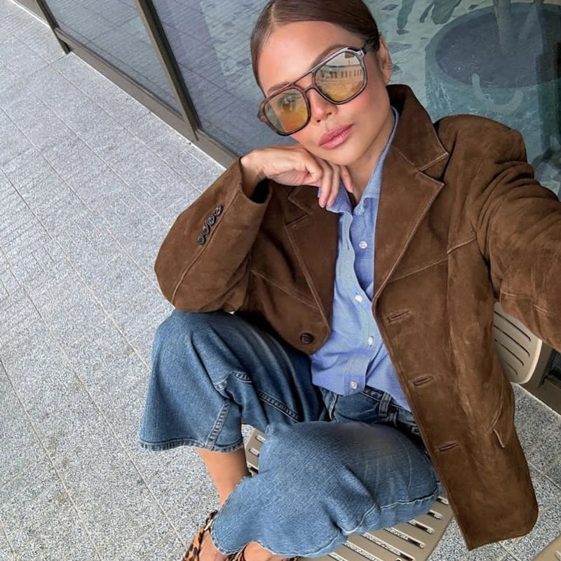 maoxiangshop - High Street Suede Jacket Cardigan Women's Long Sleeve Loose Lapel Solid Color Fashion Retro For Women Jacket Autumn and Winter
