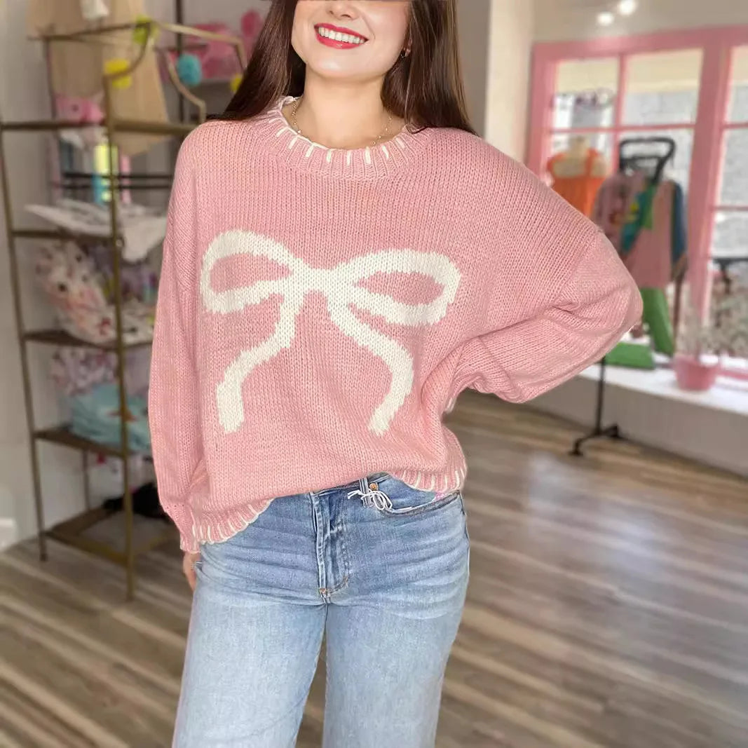 maoxiangshop - Bow Jacquard Loose Sweater Women's Autumn/Winter Casual Color Contrasting Knitted Knitted Pullovers Fashion Streetwear
