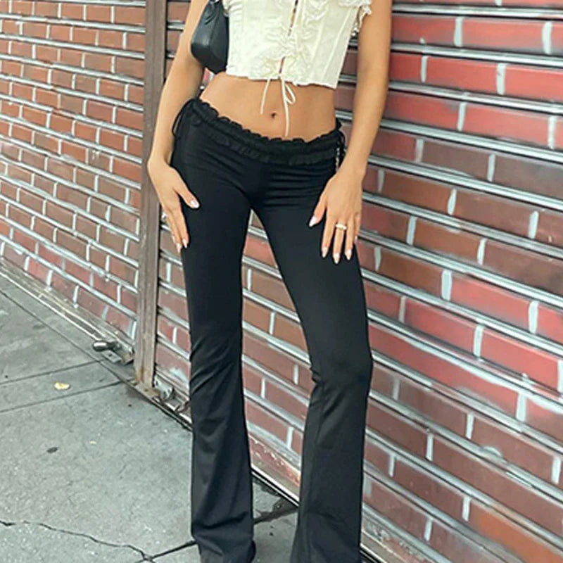 maoxiangshop Y2k Ruffles Low Waist Sexy Women Pants Gothic Skinny Fashion Boot Cut Trousers Grunge Female Skinny Streetwear Autumn