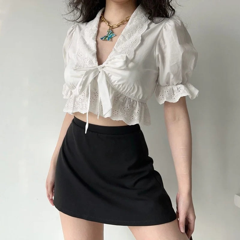 maoxiangshop Ruffle White Shirt Women Crop Top Sexy Hollow Out Elegant Puff Sleeve V-neck Bow Lace-up Blouses Summer Cute Short Shirt