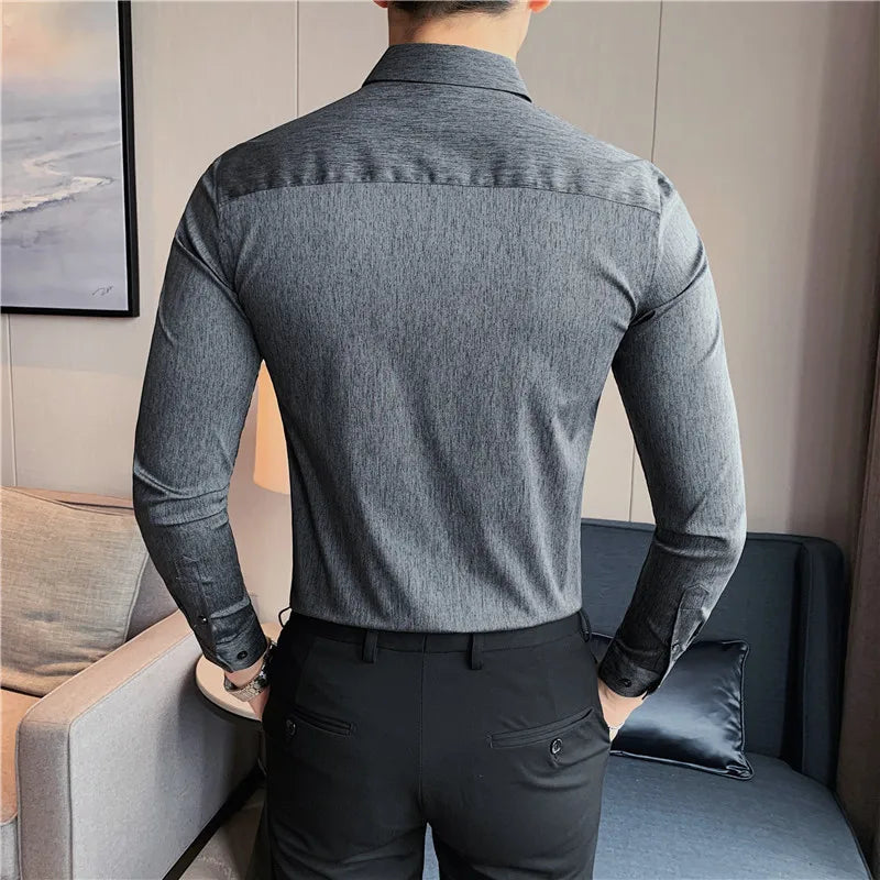 maoxiangshop British Style Men Long Sleeved Shirt Autumn Anti-wrinkle Soft Solid Casual Elastic Slim Fit Camisas Y Blusas Men Clothing