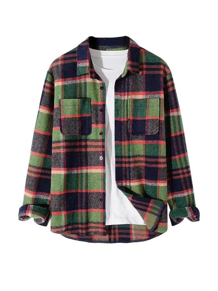 maoxiangshop Long Sleeve Shirt for Men Plaid Fuzzy Button Shacket Blouses Unisex Streetwear Overshirt Fall Winter Warm Shirt Tops