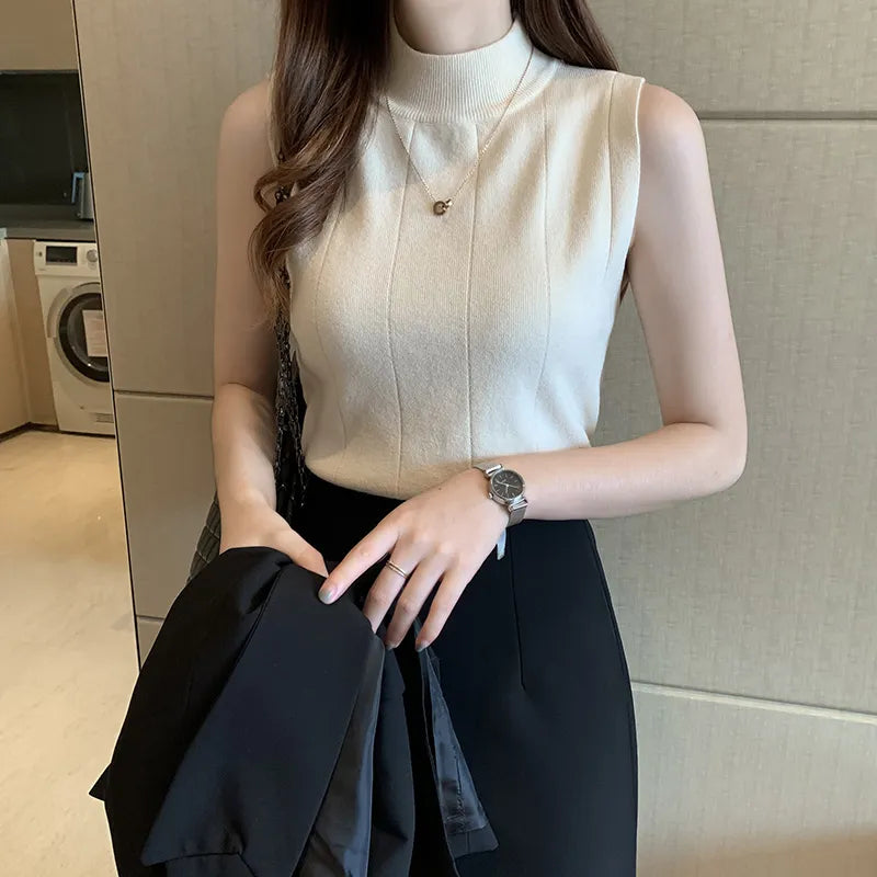 maoxiangshop Spring Women Knitted Green Tank Tops Women Thin Tops Basic Casual Tank Tops O-neck Tees Sleeveless Tops For Women
