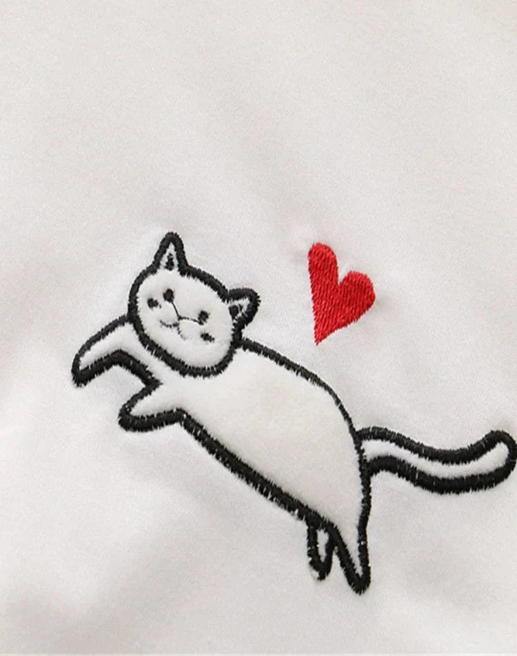 maoxiangshop Women Black Cartoon Cat Embroidery Hooded Sweatshirt Lace Up Korean Hoodies Summer Harakuju Casual Cute