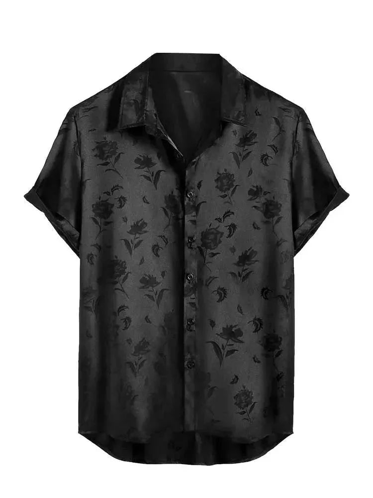 maoxiangshop Satin Shirts for Men Jacquard Rose Printed Silky Short Sleeve Shirt Summer Streetwear Button Blouse Tops